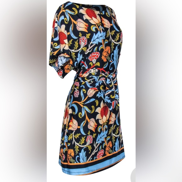 BCBGMAXAZRIA Woodblock Navy Folk Art Floral Dress Tie Waist Peplum Sheath Dress - Picture 5 of 11